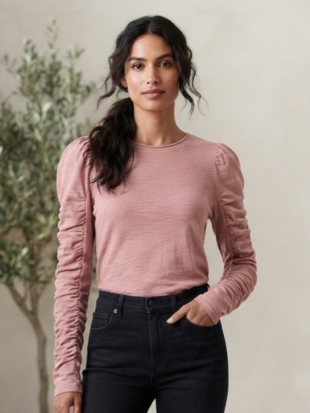 We The Free Dusty Rose Ruched-Sleeve Long Sleeve Tee Size Med
